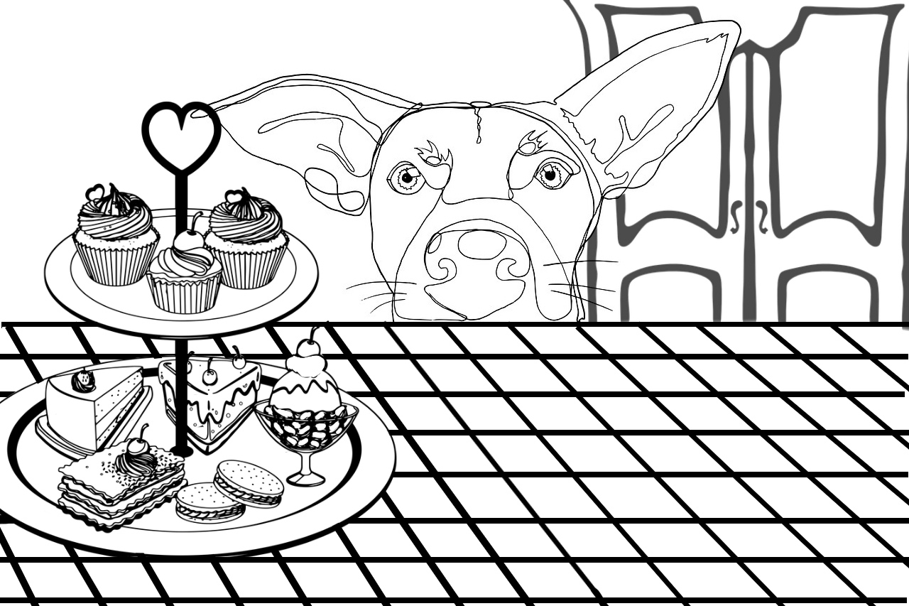 Cartoon dog and cake