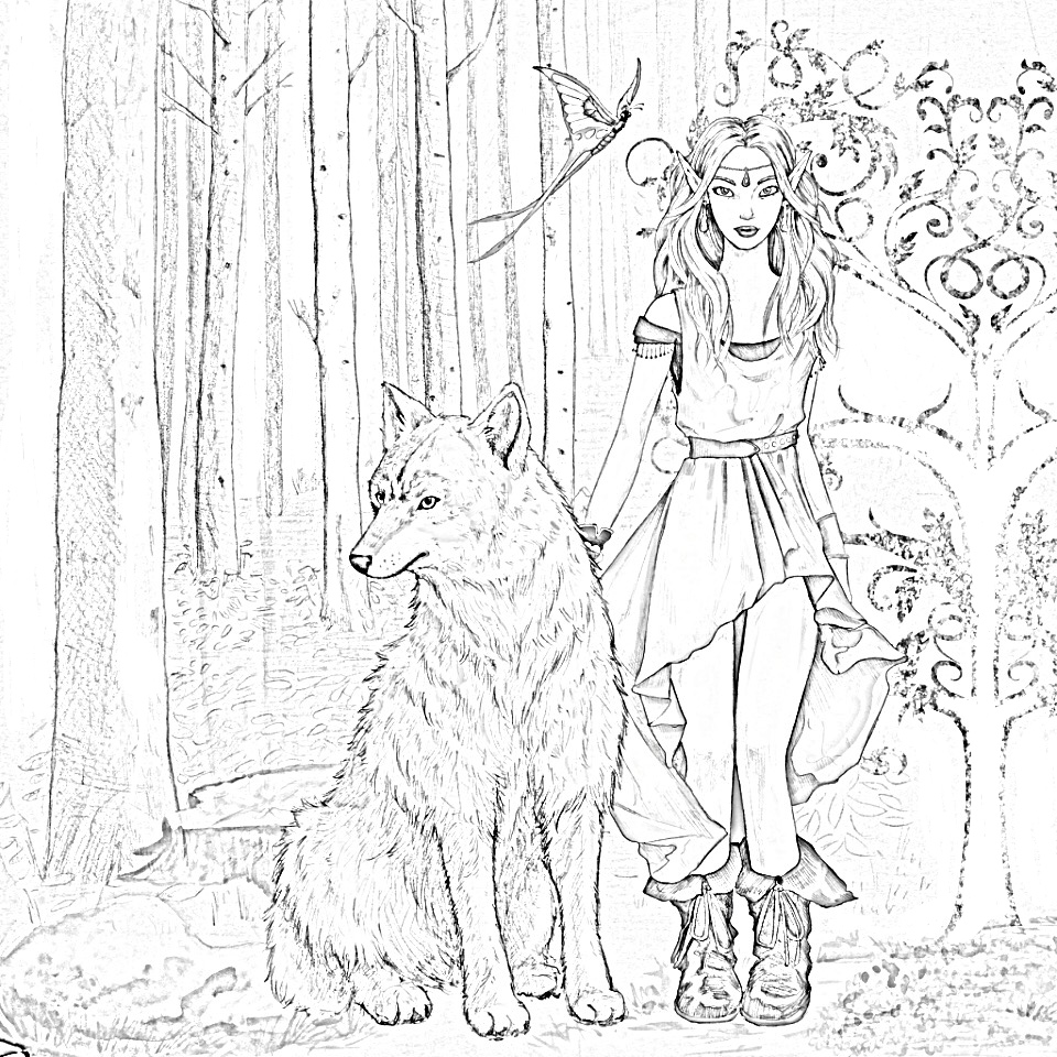 Elvish girl with her wolf