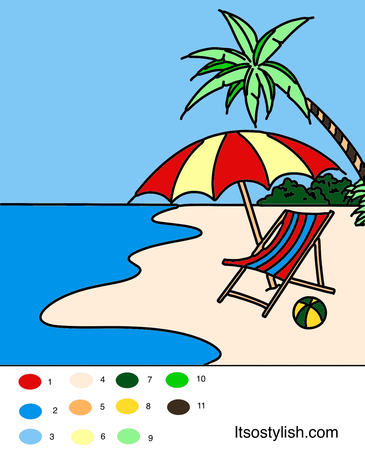 Holiday beach color by numbers for kids