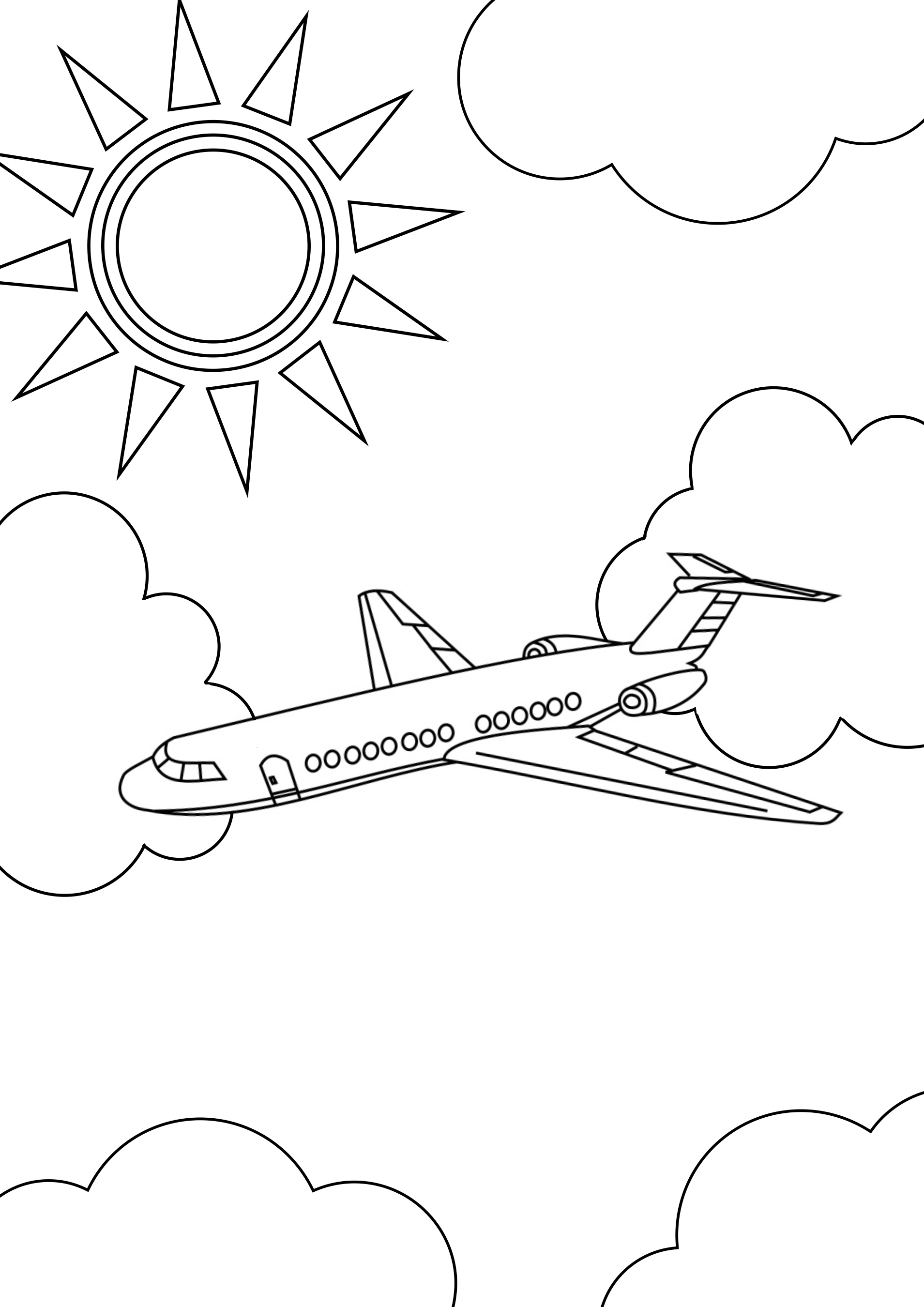 Jetliner cruising above the clouds coloring page