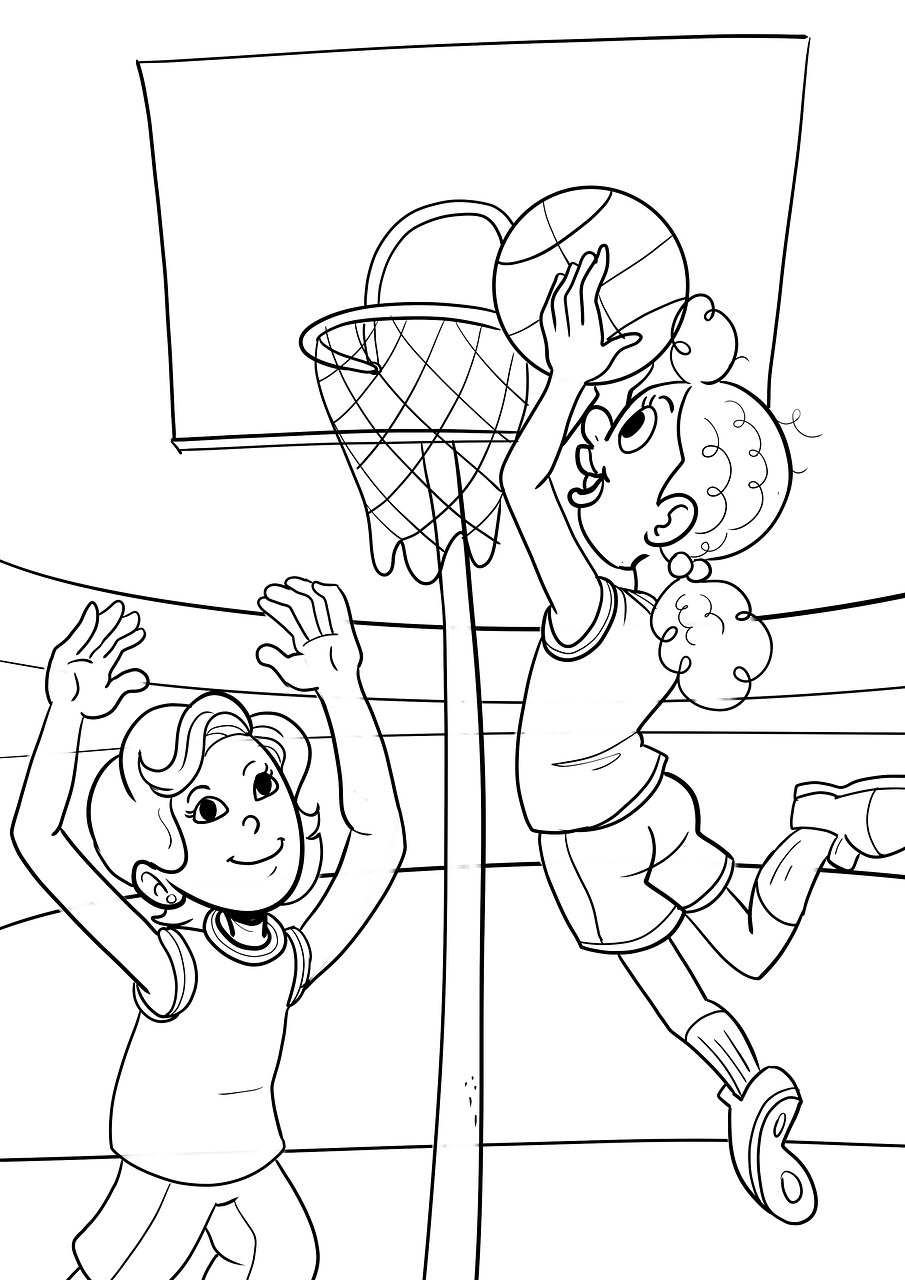 Kids playing basketball coloring page