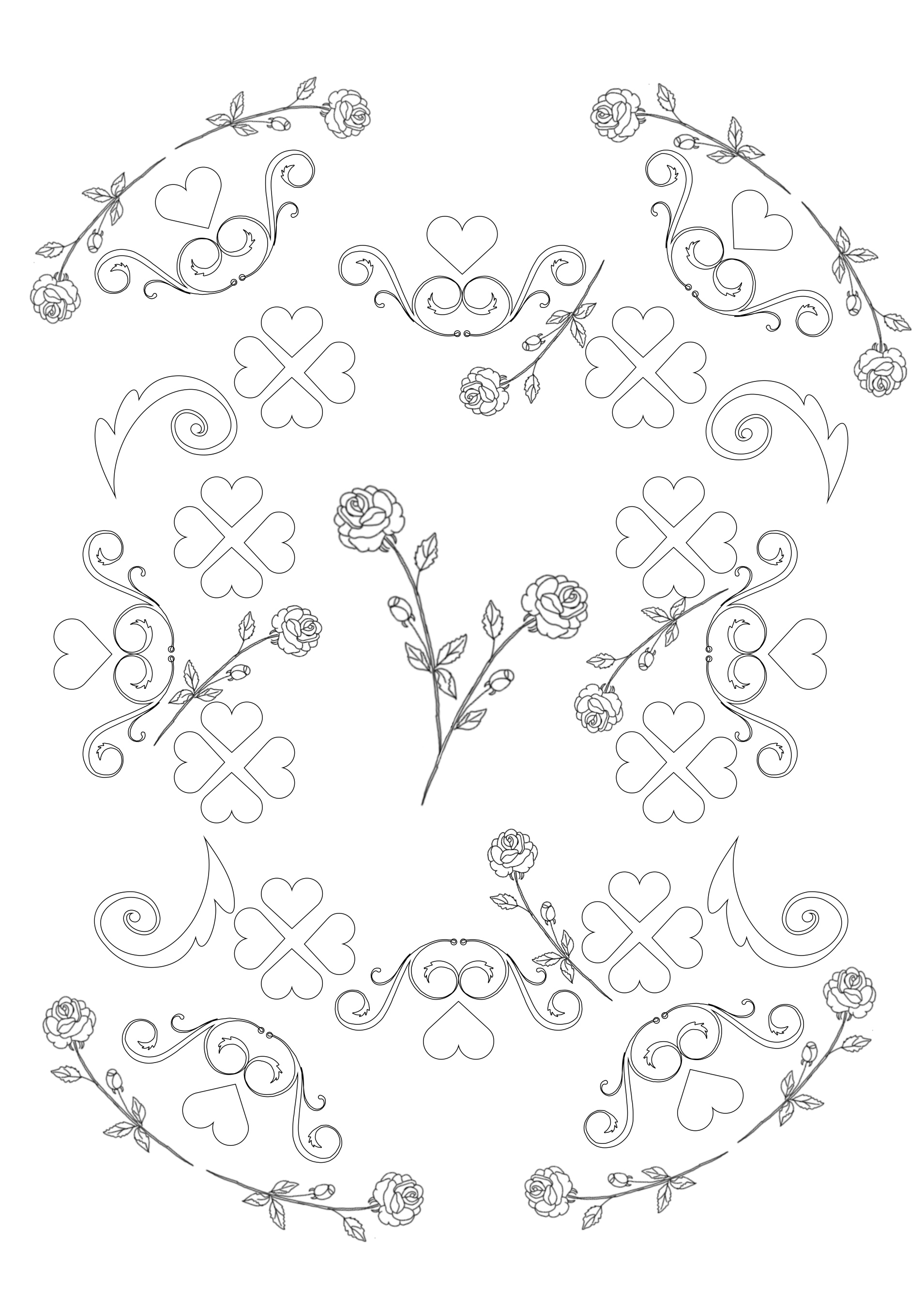 Roses and hearts Valentine coloring page