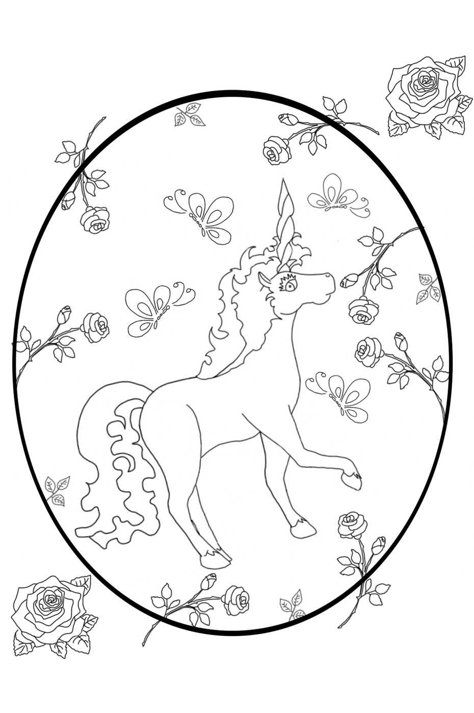 Unicorn and Roses Coloring Page