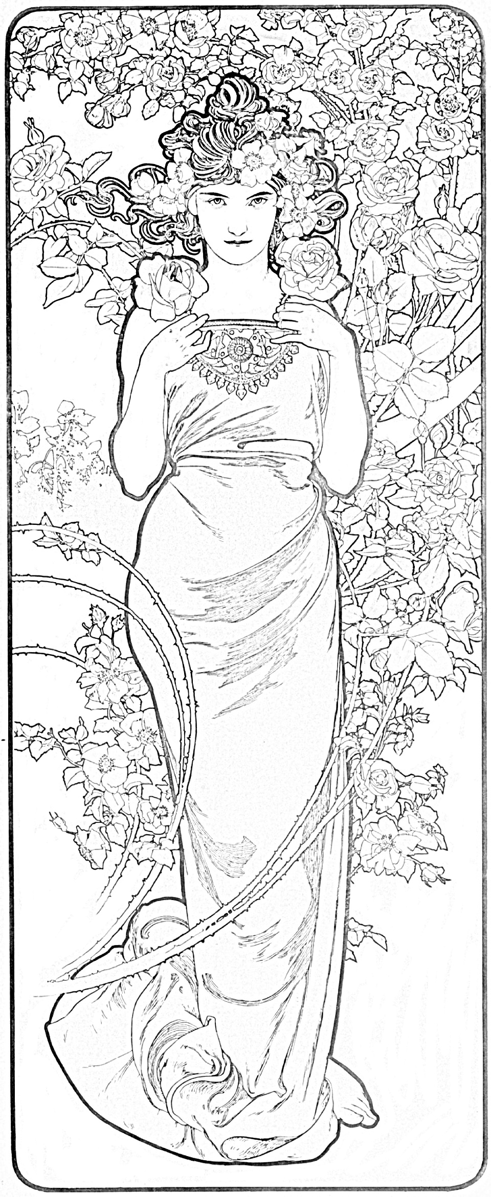 Vintage Mucha coloring page Woman and the flowers