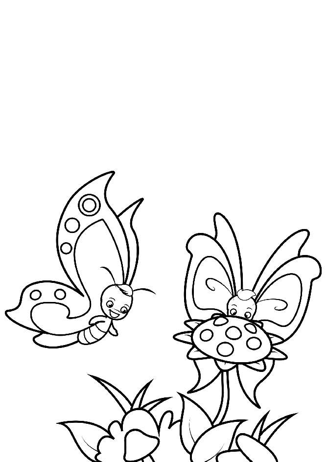 Pair of Butterflies Investigating Flowers. Coloring Page