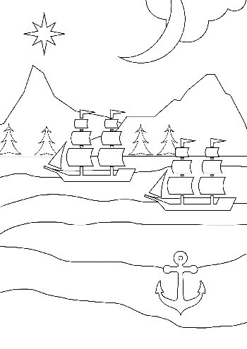 Sailing ships at the shore coloring sheet
