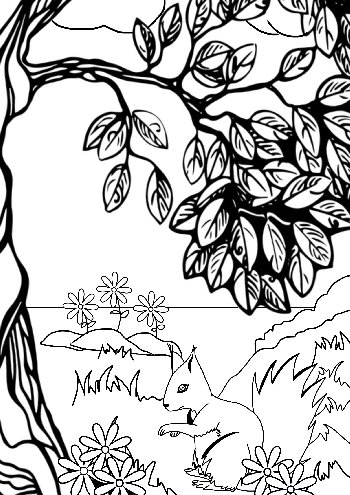 Squirrel in the Forest Free Coloring Page
