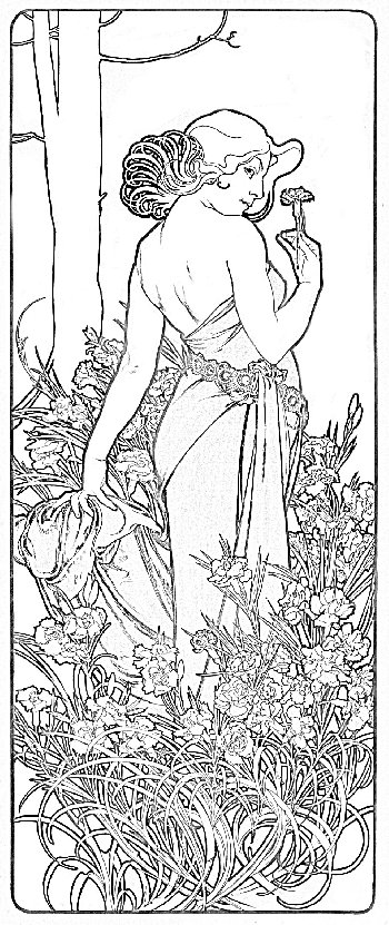 Vintage coloring page Woman in the glade