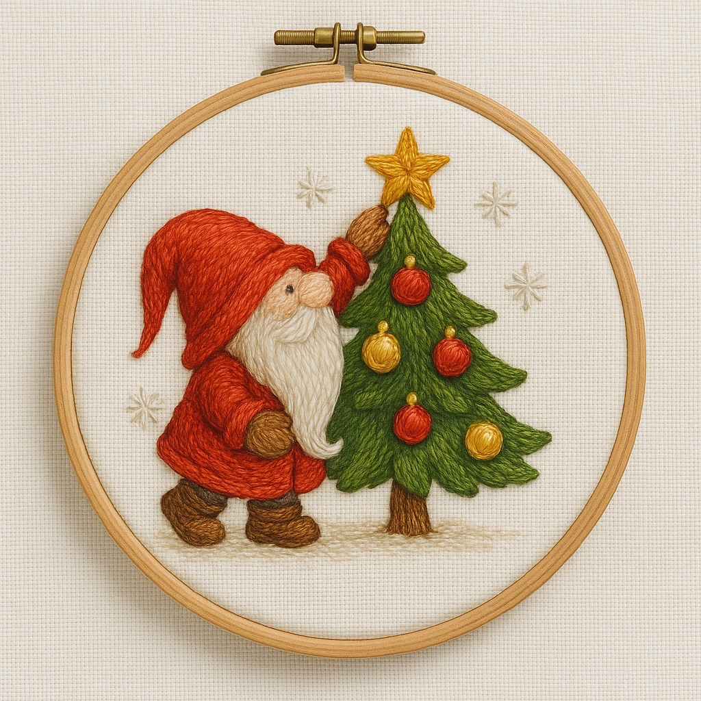 Gnome with Christmas Tree Hand Embroidery Pattern