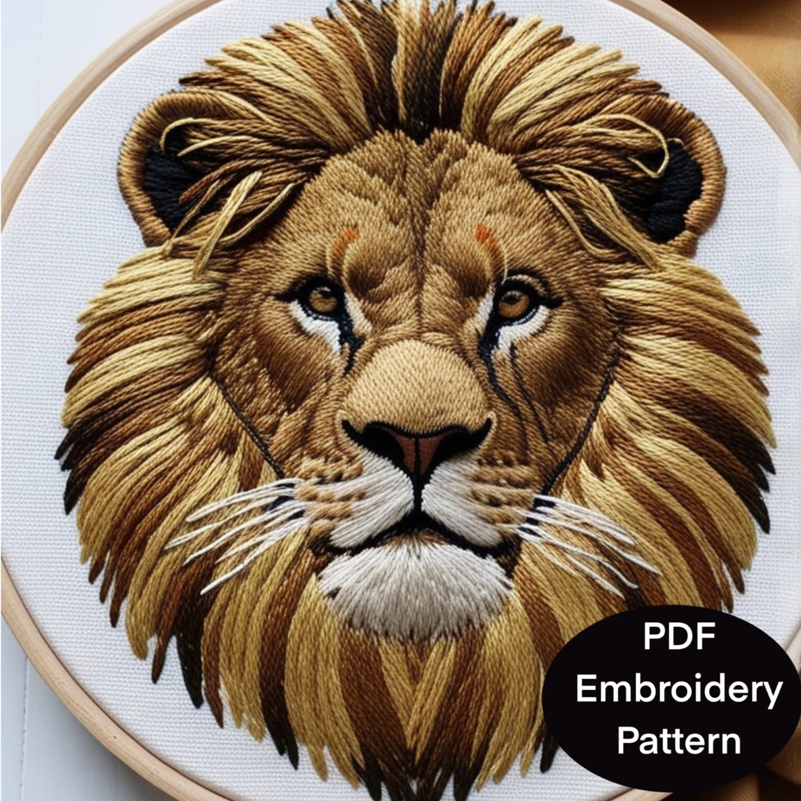 Lion Embroidery Pattern: Detailed Mane, DIY Template (PDF Download)